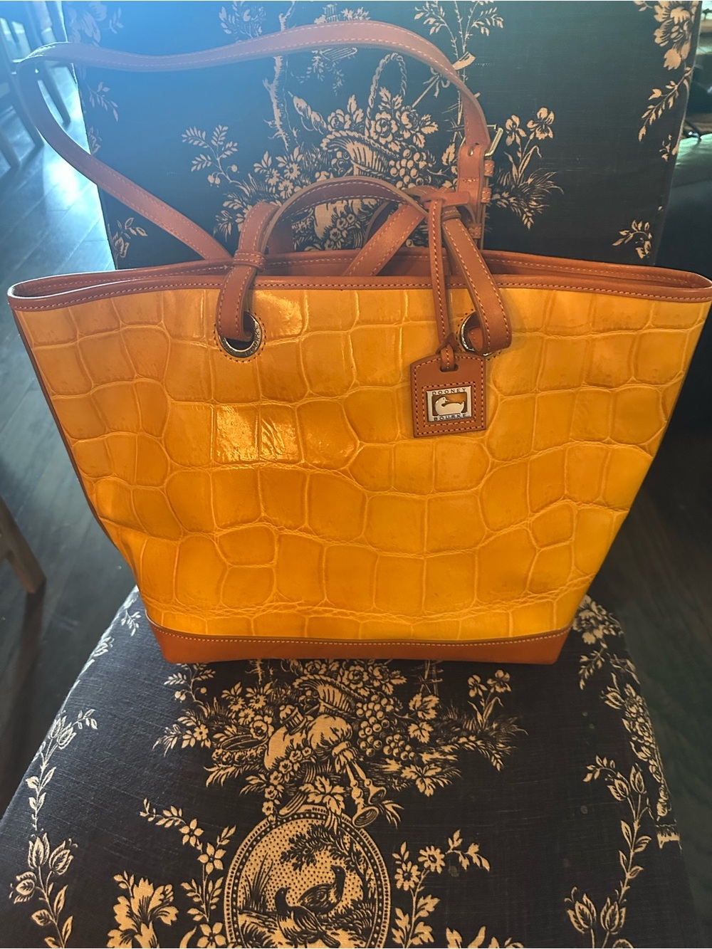 Dooney & Bourke Bright Yellow Croc-Embossed Tote with Brown Trim